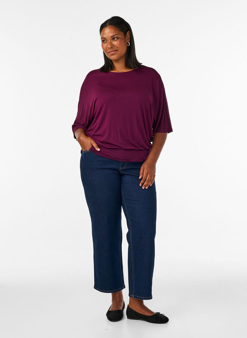 Jersey blouse met halflange ballonmouwen, Paars, Model image number 1