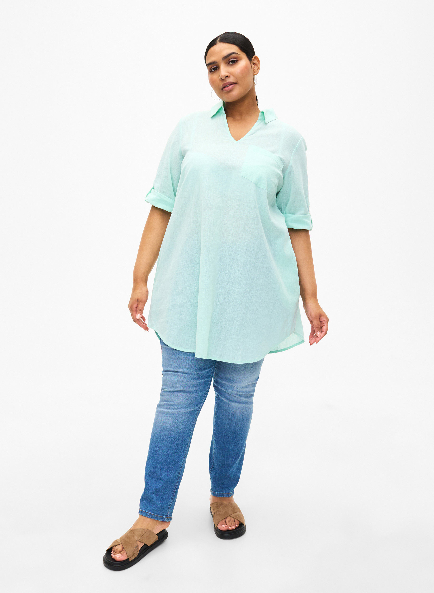 Zizzi Tuniek van katoenmix met korte mouwen en linnen, Brook Green, Model image number 2