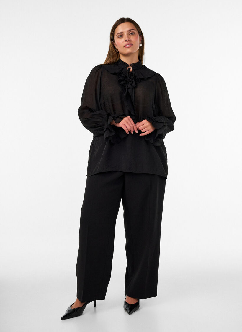 Viscose blouse met ruches en lange mouwen, Zwart, Model image number 1
