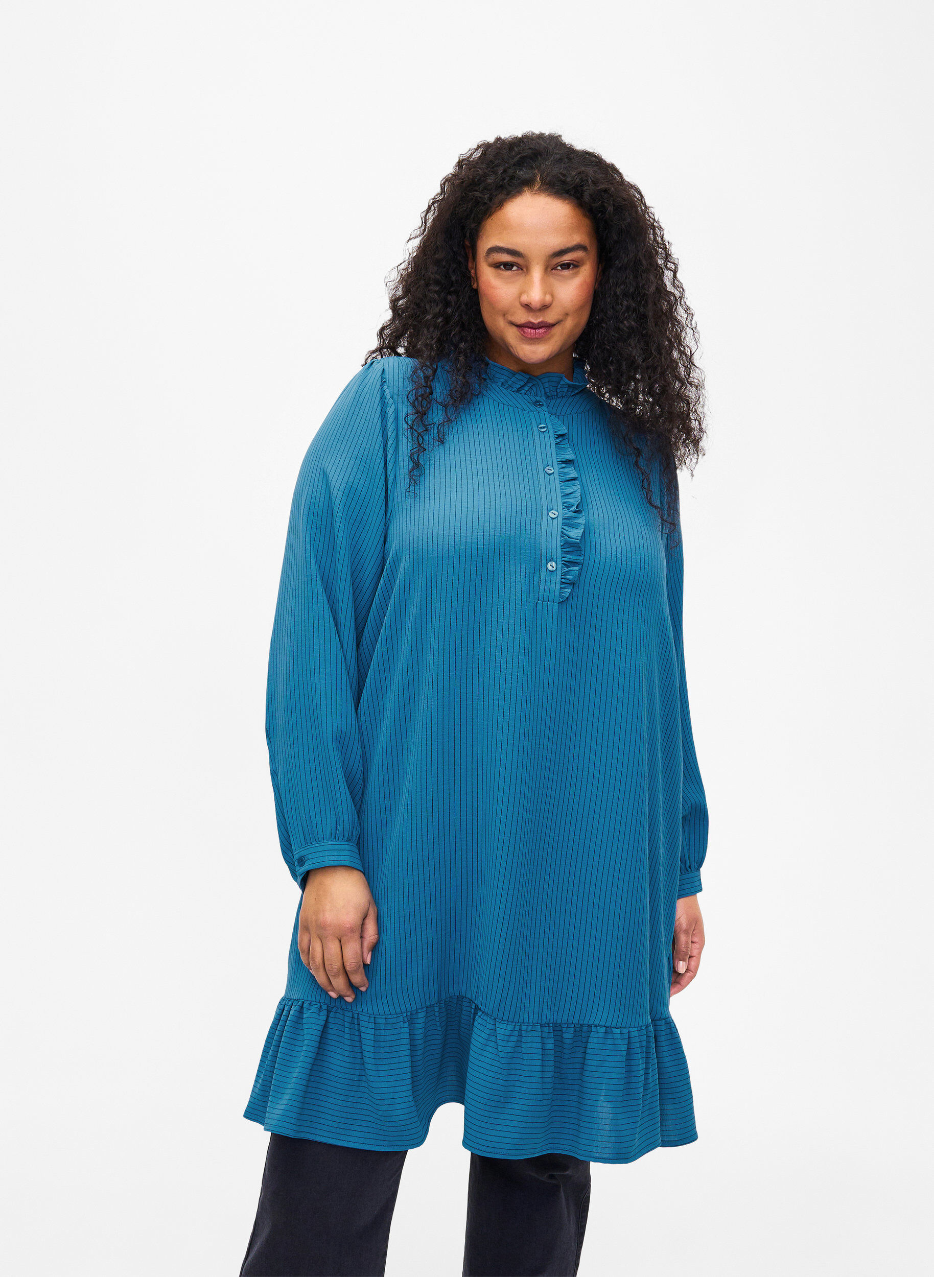 Zizzi Gestreepte jurk met ruches, Blauw, Model image number 0