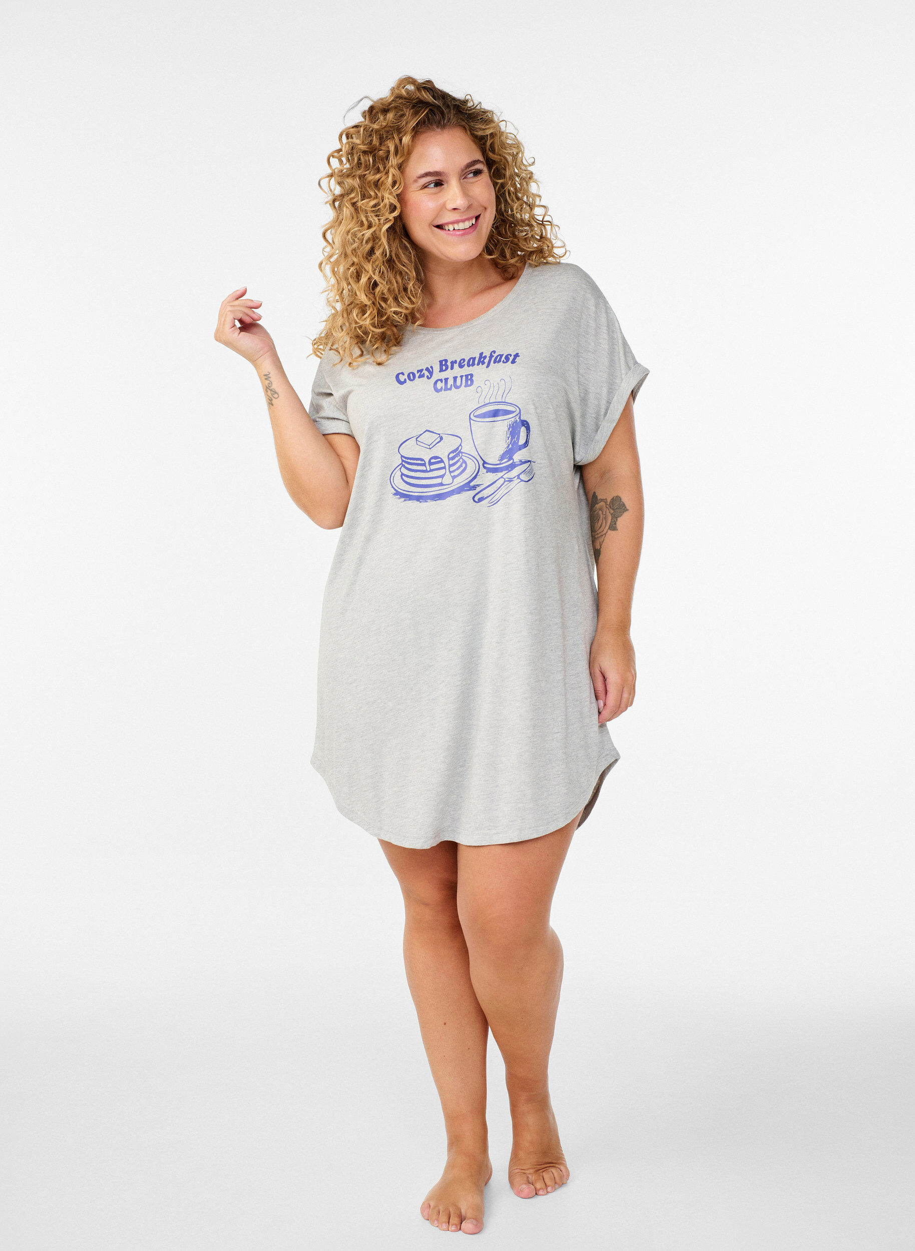 ZizziNachthemd met korte mouwen en tekstprint, Grijs, Model image number 1