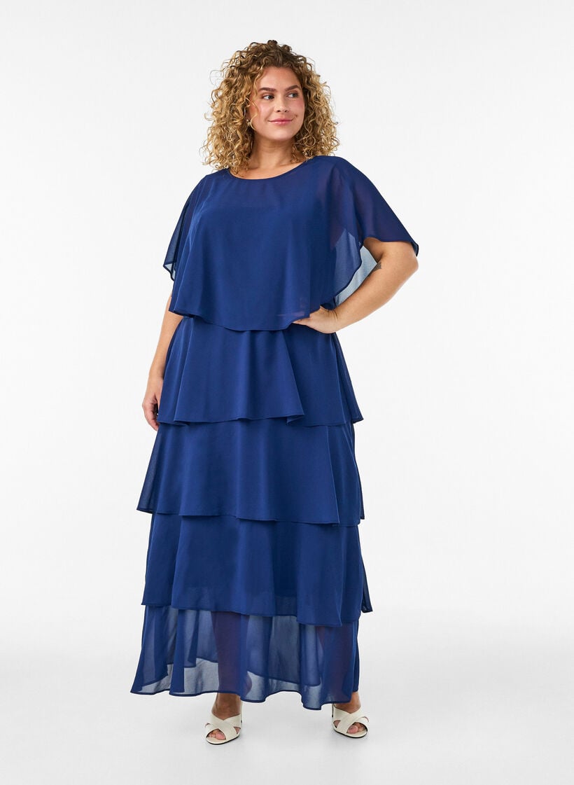 Maxi jurk met ruches en afneembare cape, Blauw, Model image number 2