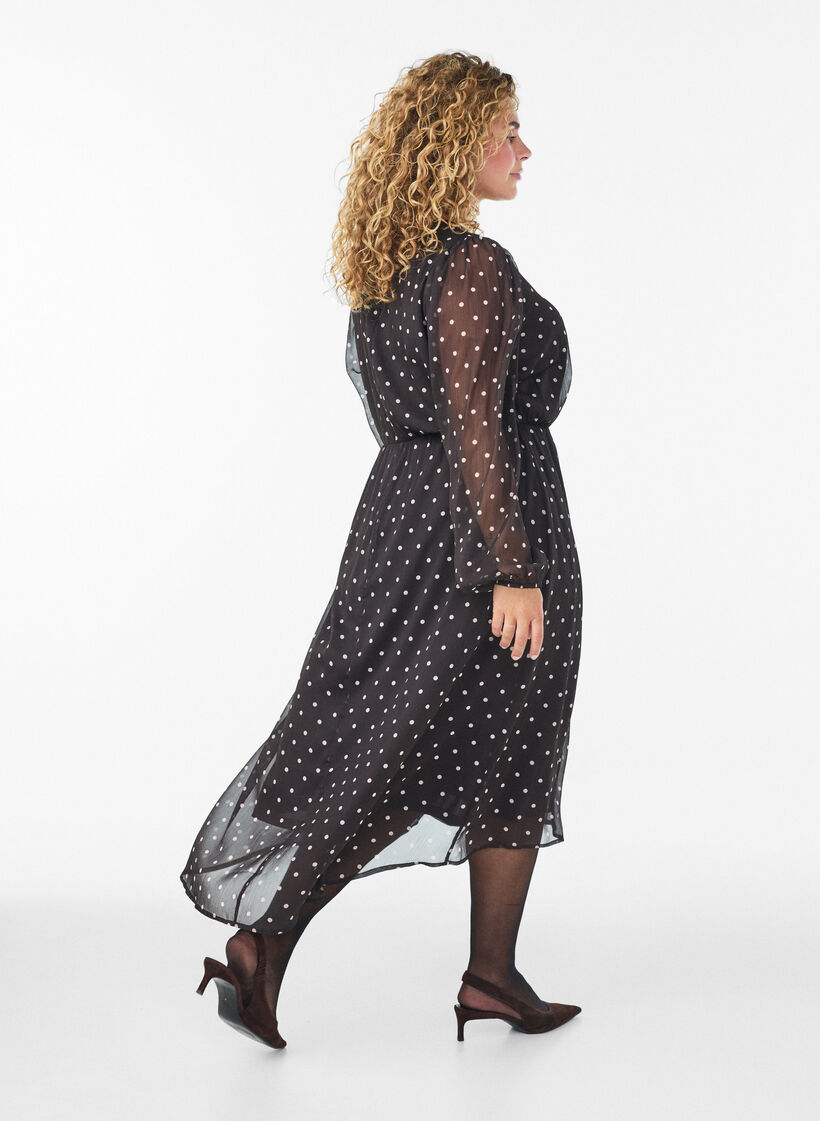 Chiffon jurk met polkadots en lange mouwen, Bruin, Model image number 1