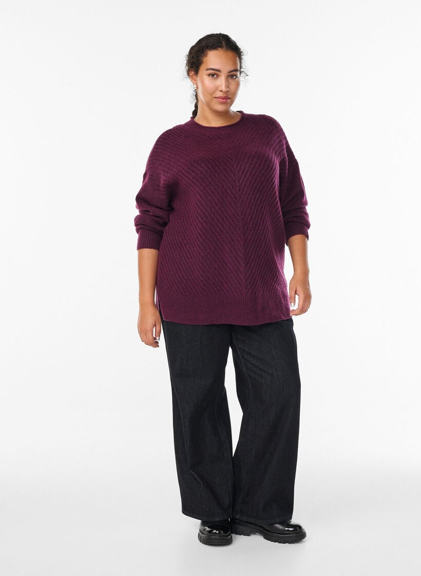 Gebreide blouse met V-vormig geribd patroon en zijsplitjes, Paars, Model image number 1