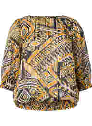 Bedrukte blouse met smok en 3/4 mouwen, Yellow Aztec AOP