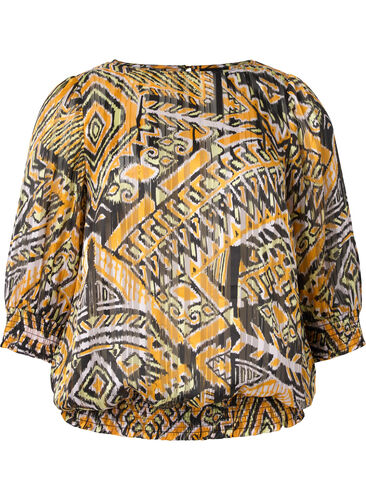 Bedrukte blouse met smok en 3/4 mouwen, Yellow Aztec AOP, Packshot image number 0