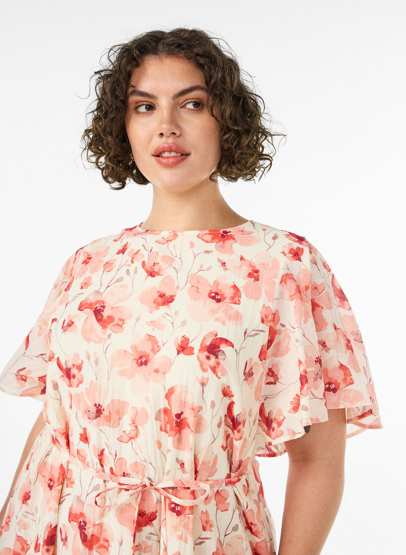 Enkellange jurk met vlindermouwen en strikceintuur, Roze, Model image number 2