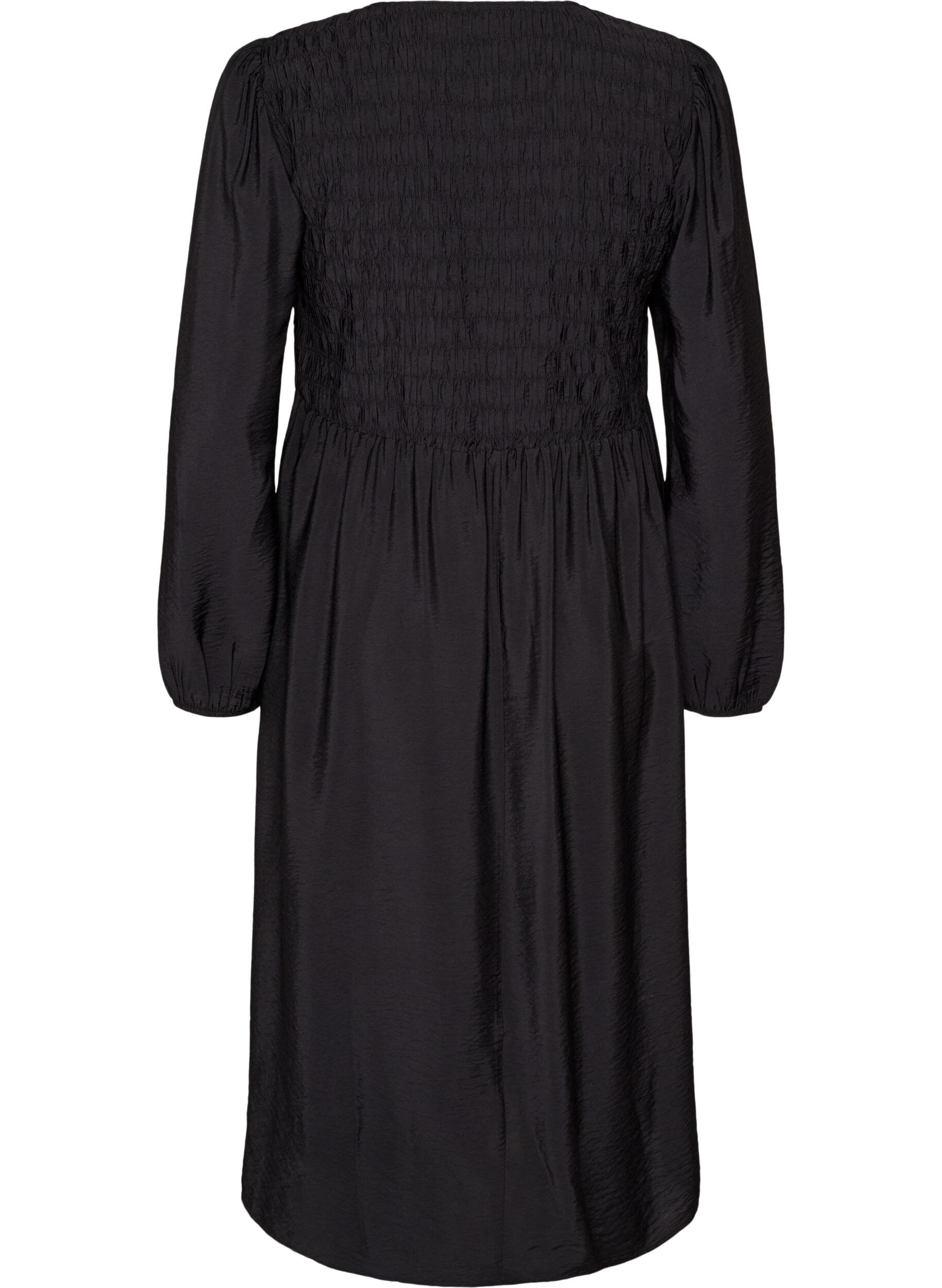 ZizziMidi-jurk van viscose met smockwerk, Zwart, Packshot image number 1