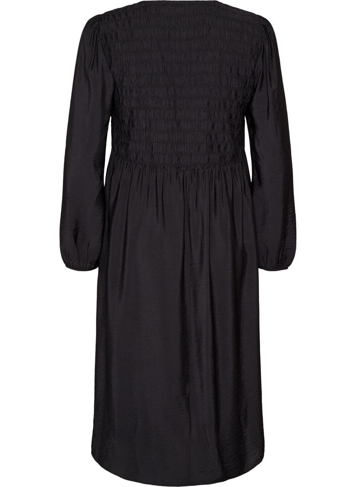 Midi-jurk van viscose met smockwerk, Zwart, Packshot image number 1