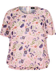 Bloemenblouse met korte mouwen en smokwerk, Roze