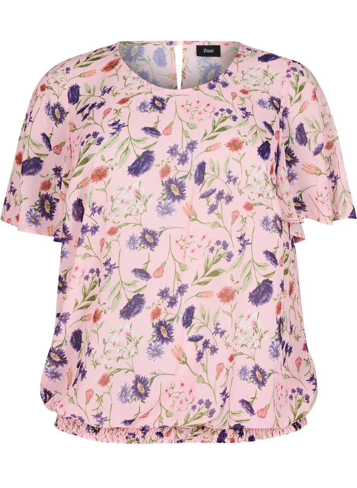 Bloemenblouse met korte mouwen en smokwerk, Roze, Packshot image number 0