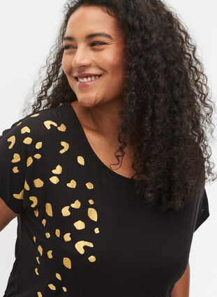T-shirt met korte mouwen van viscose en gouden opdruk, Black Gold , Model image number 2