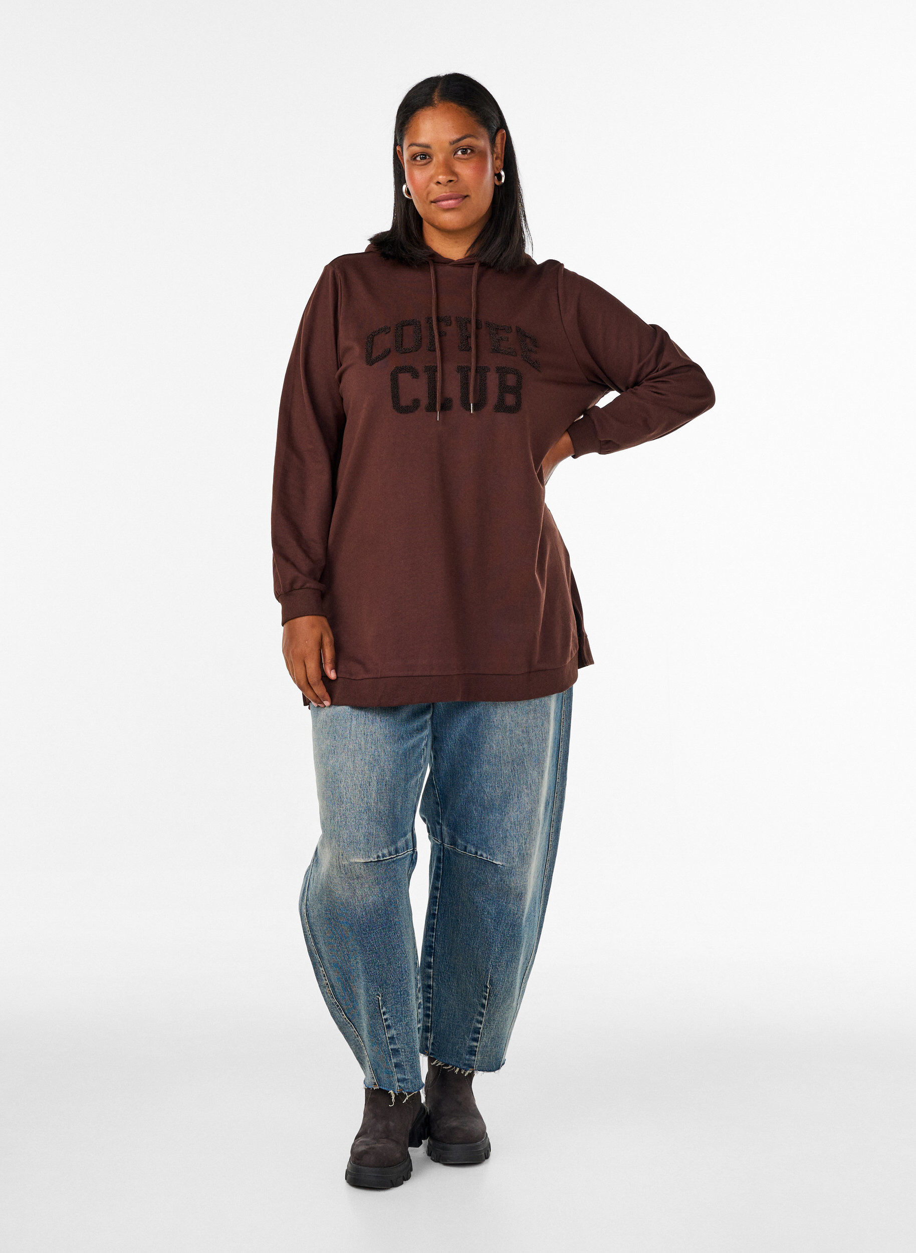 ZizziHoodie met een terry tekstmotief, Bruin, Model image number 1