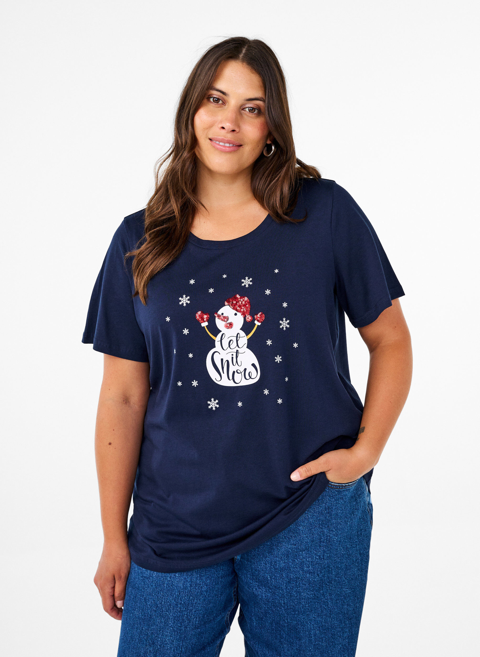 Zizzi Kerst T-shirts in 100% katoen, Navy B. w. LetItSnow, Model image number 0