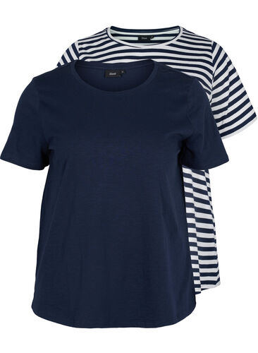 Set van 2 basic t-shirts in katoen, Navy/Navy Stripe, Packshot image number 0