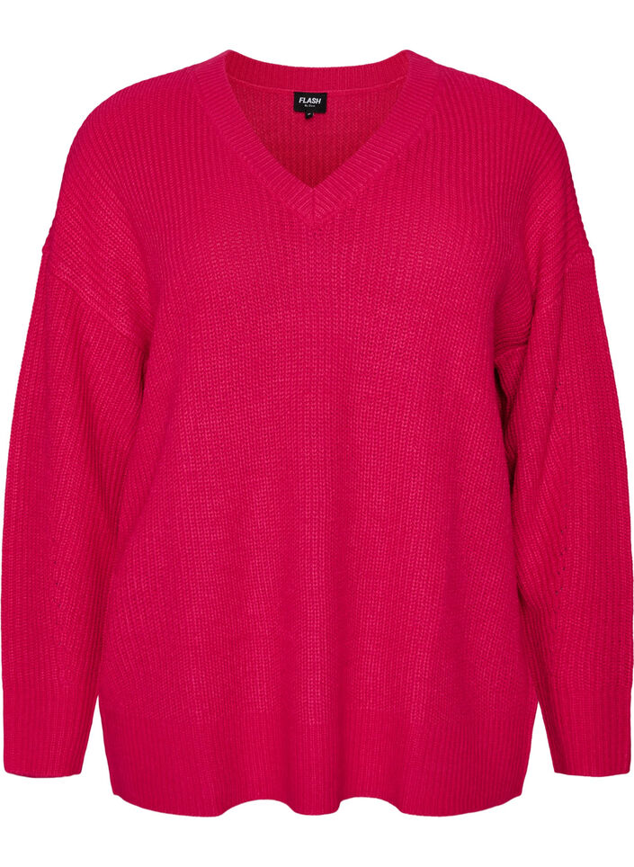 Lange ribgebreide blouse met V-hals, Roze, Packshot image number 0