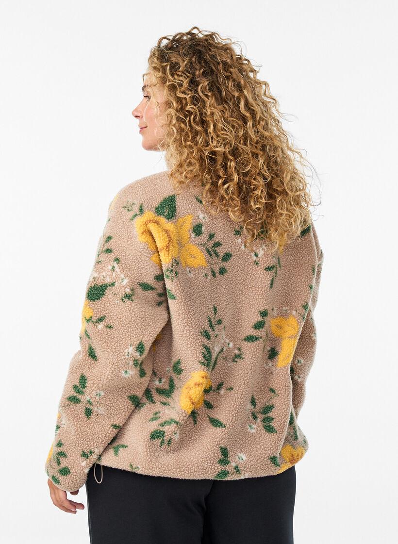 Floral fleecejack met een hoogsluitende kraag en ritssluiting, Beige, Model image number 2
