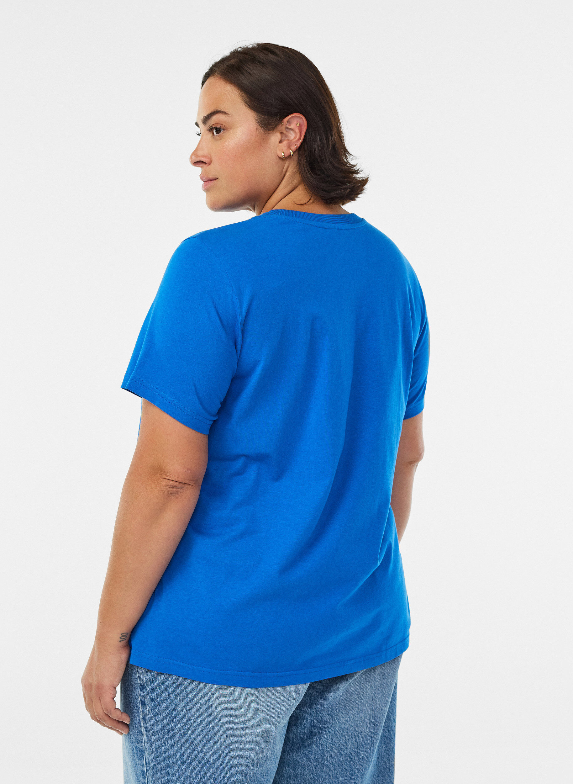 Zizzi Basic katoenen T-shirt met ronde hals, Blauw, Model image number 2