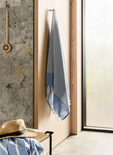 Gestreepte handdoek met franjes, Medium Blue Melange, Image image number 0