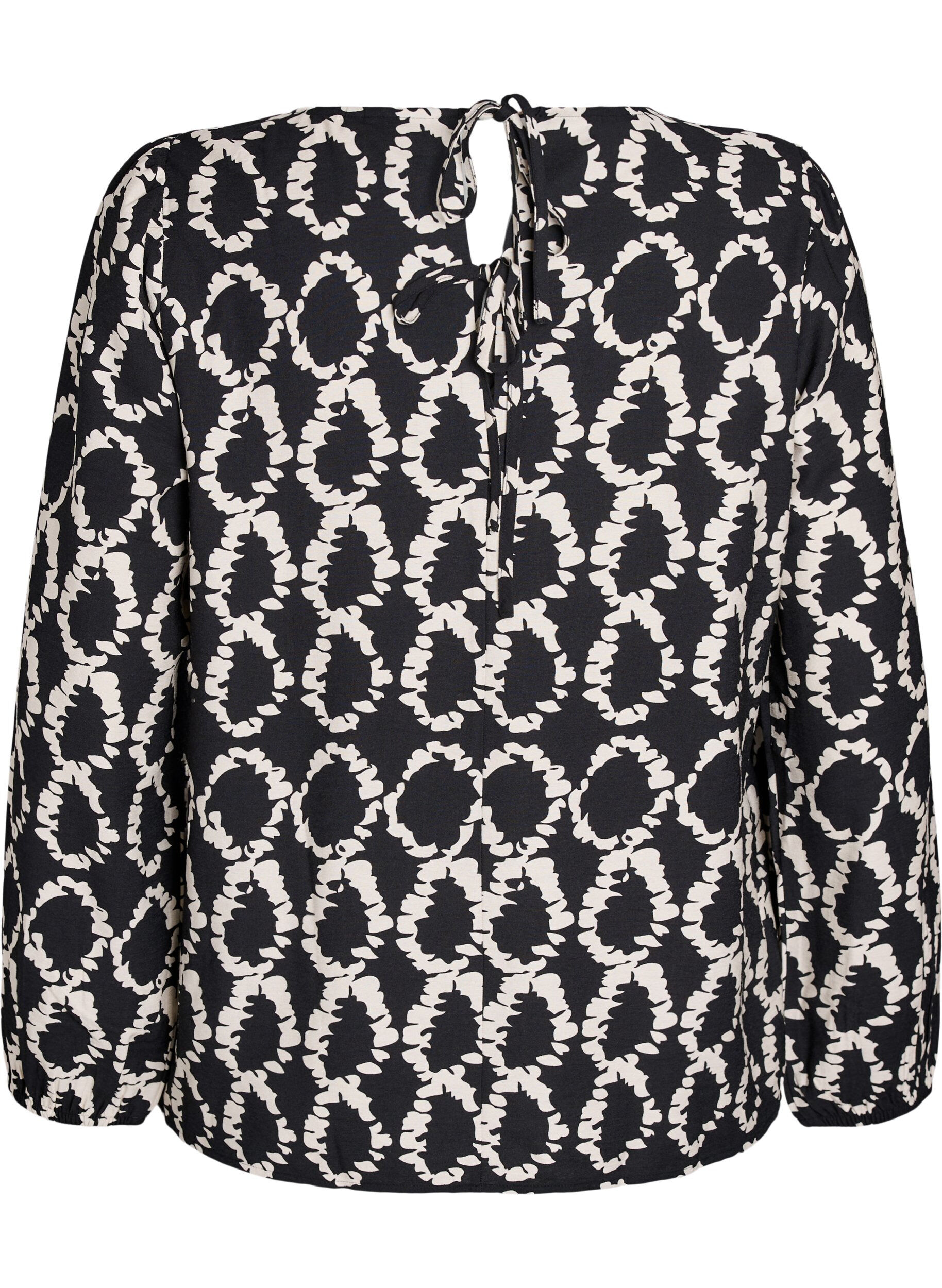 Zizzi Blouse met lange mouwen, print en strikjes, Zwart, Packshot image number 1