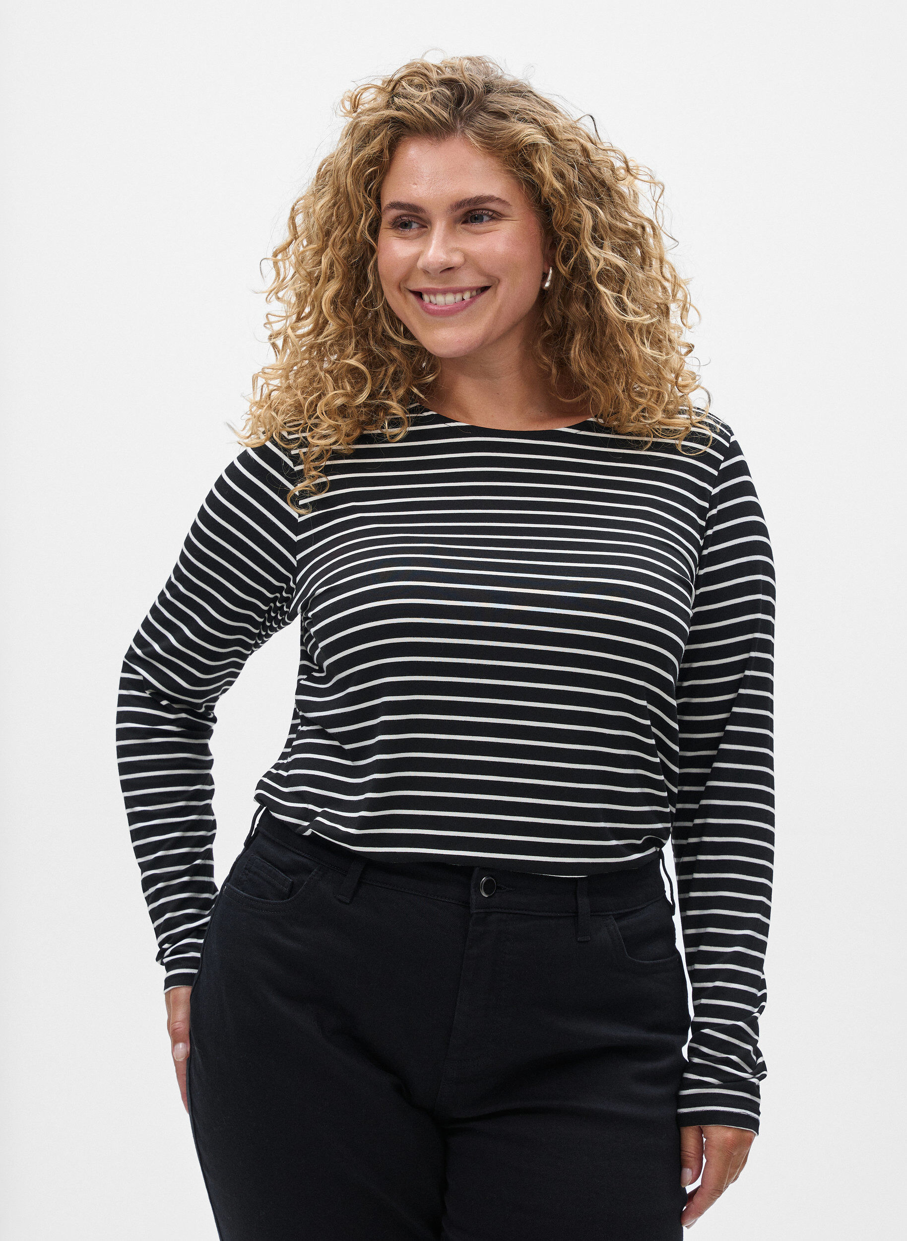 ZizziGestreepte blouse met lange mouwen, Zwart, Model image number 0