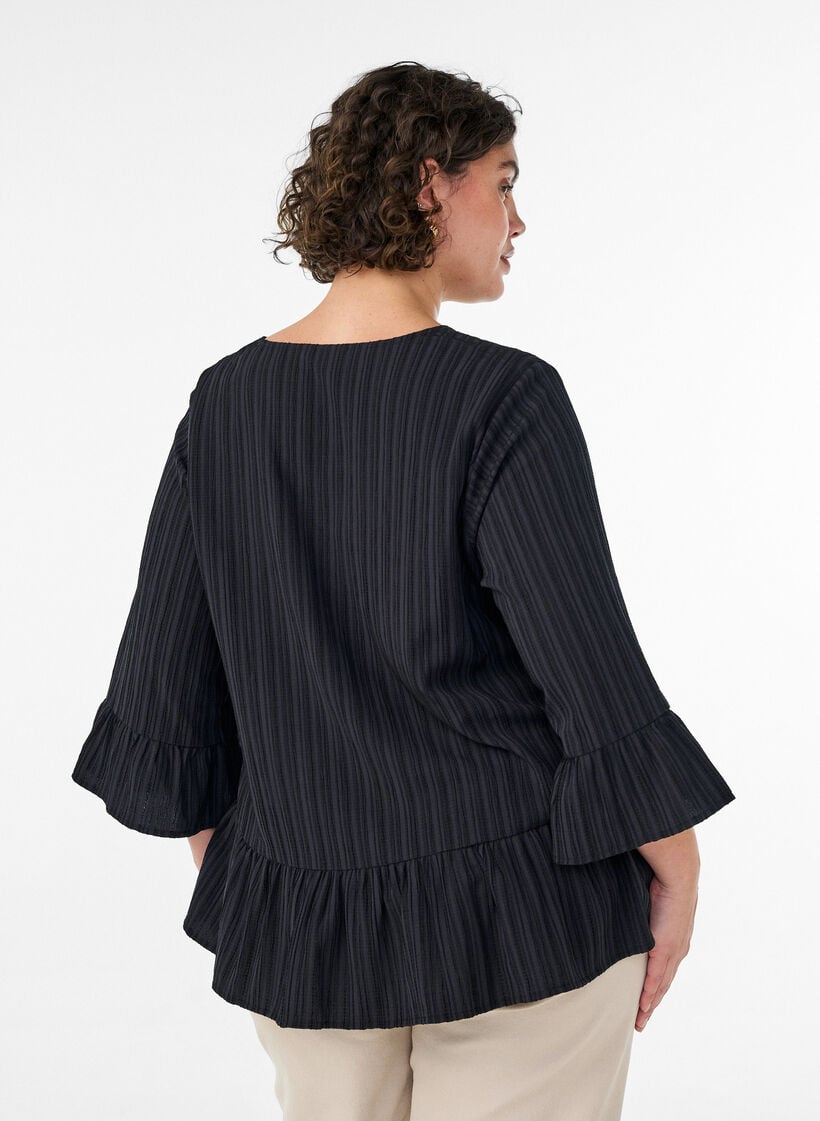 Blouse met textuur, V-hals en ruches, Zwart, Model image number 2