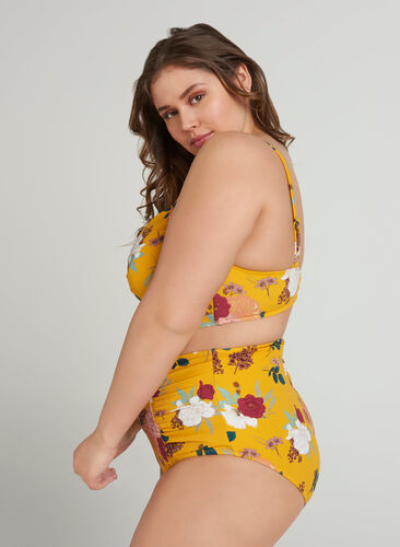 Bikinibroekje met hoge taille en bloemenprint, Yellow Flower Print, Model image number 0