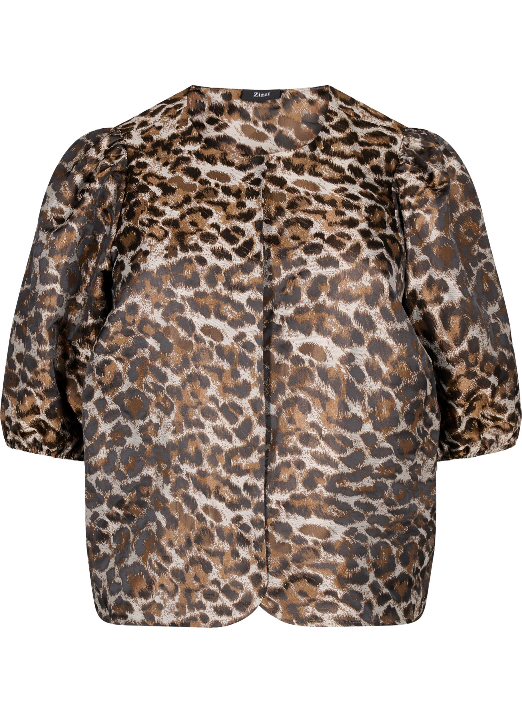 Zizzi Jacquard Leo jasje met pofmouwen, Brown Leo AOP, Packshot image number 0