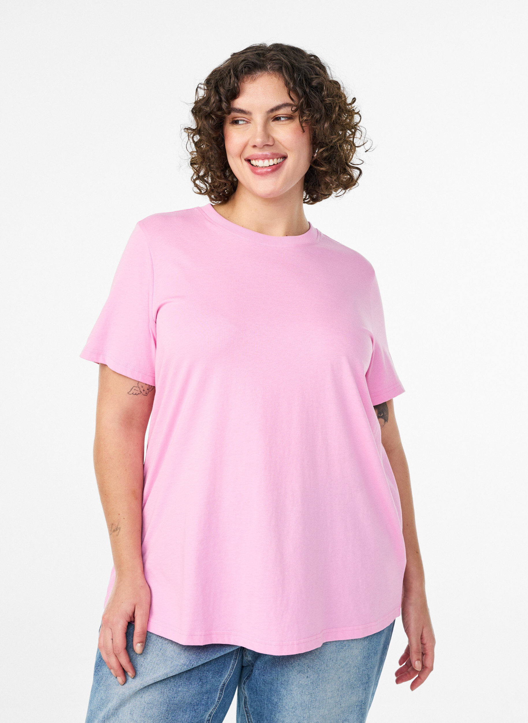 ZizziBasic katoenen T-shirt met ronde hals, Roze, Model image number 0