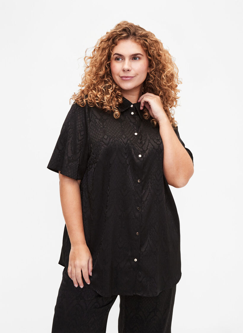 Lang shirt met structuurpatroon, Black, Model image number 0