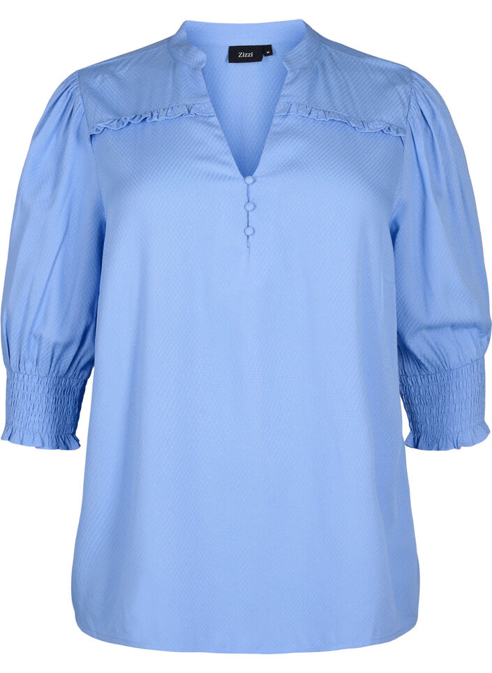 Viscose blouse met smok en ruches, Cornflower Blue, Packshot image number 0