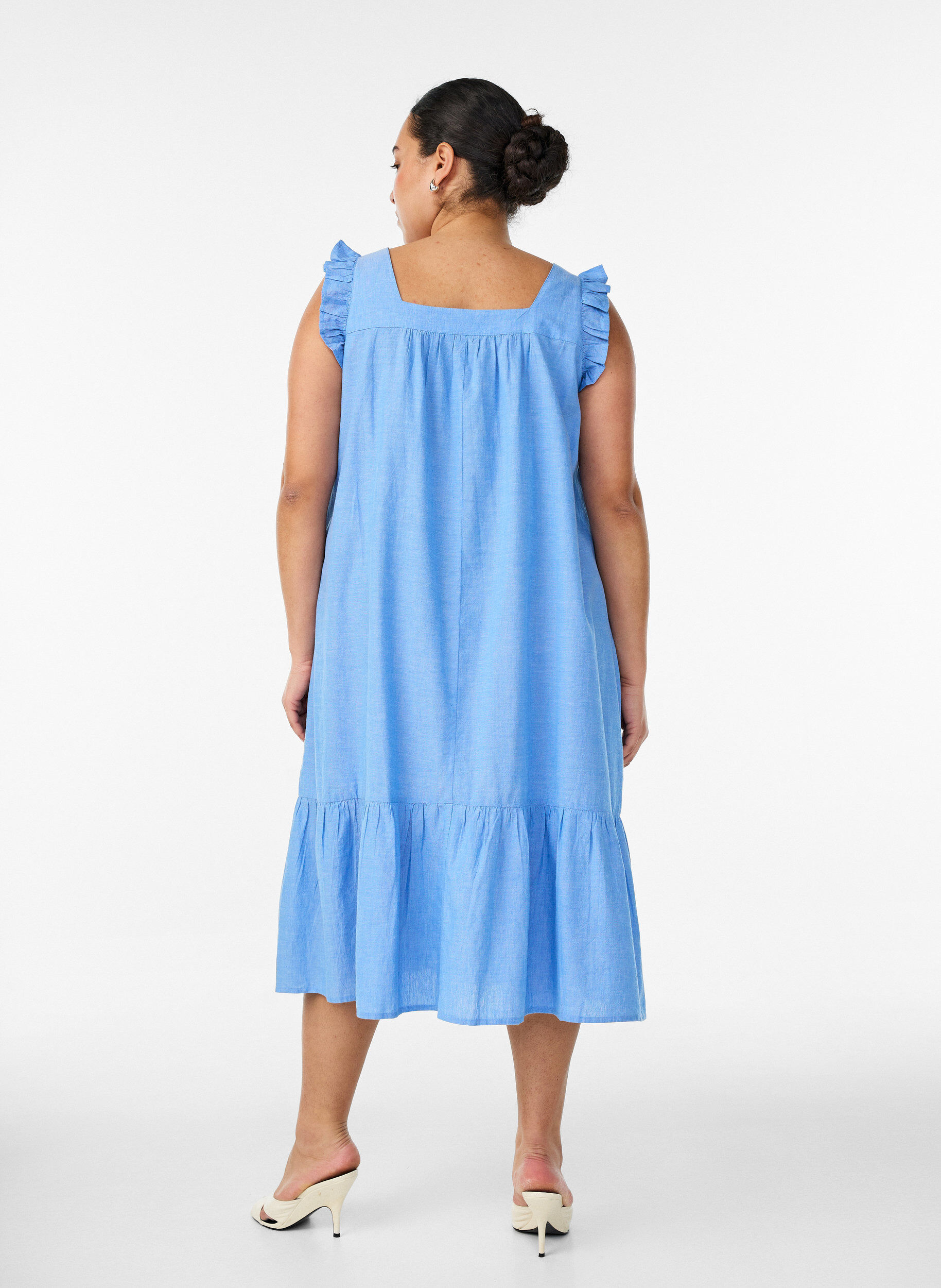 ZizziMidi-jurk in katoen met ruches, Blauw, Model image number 1