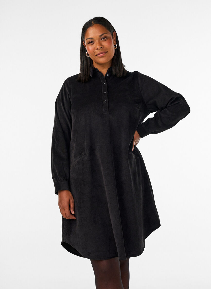 Corduroy overhemdjurk met kraag en knoopsluiting, Zwart, Model image number 0