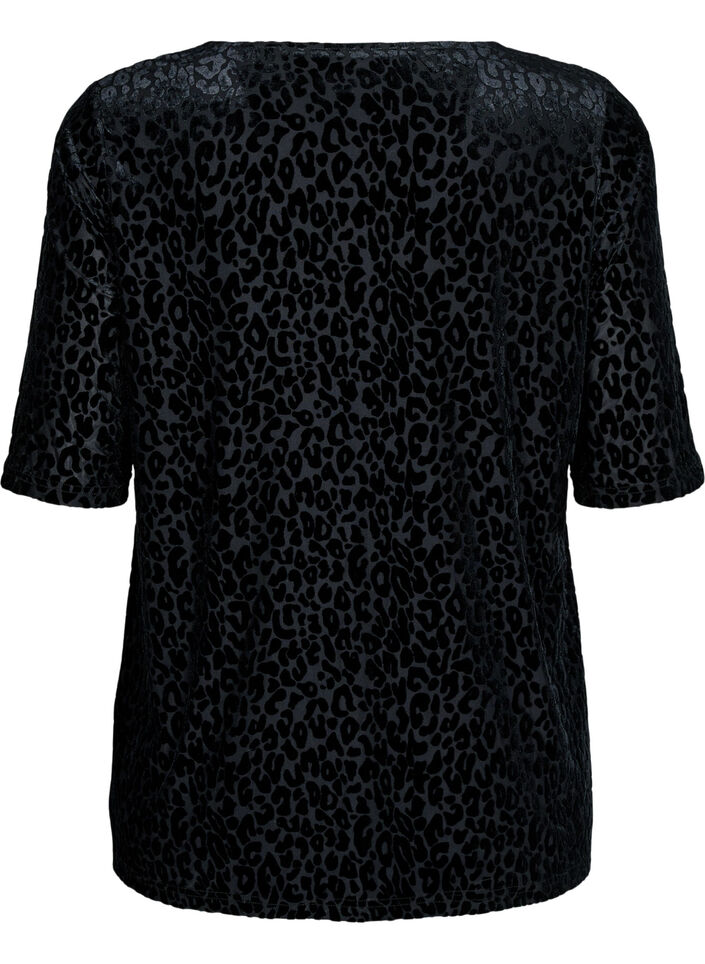 Blouse met korte mouwen en luipaardprint, Zwart, Packshot image number 1