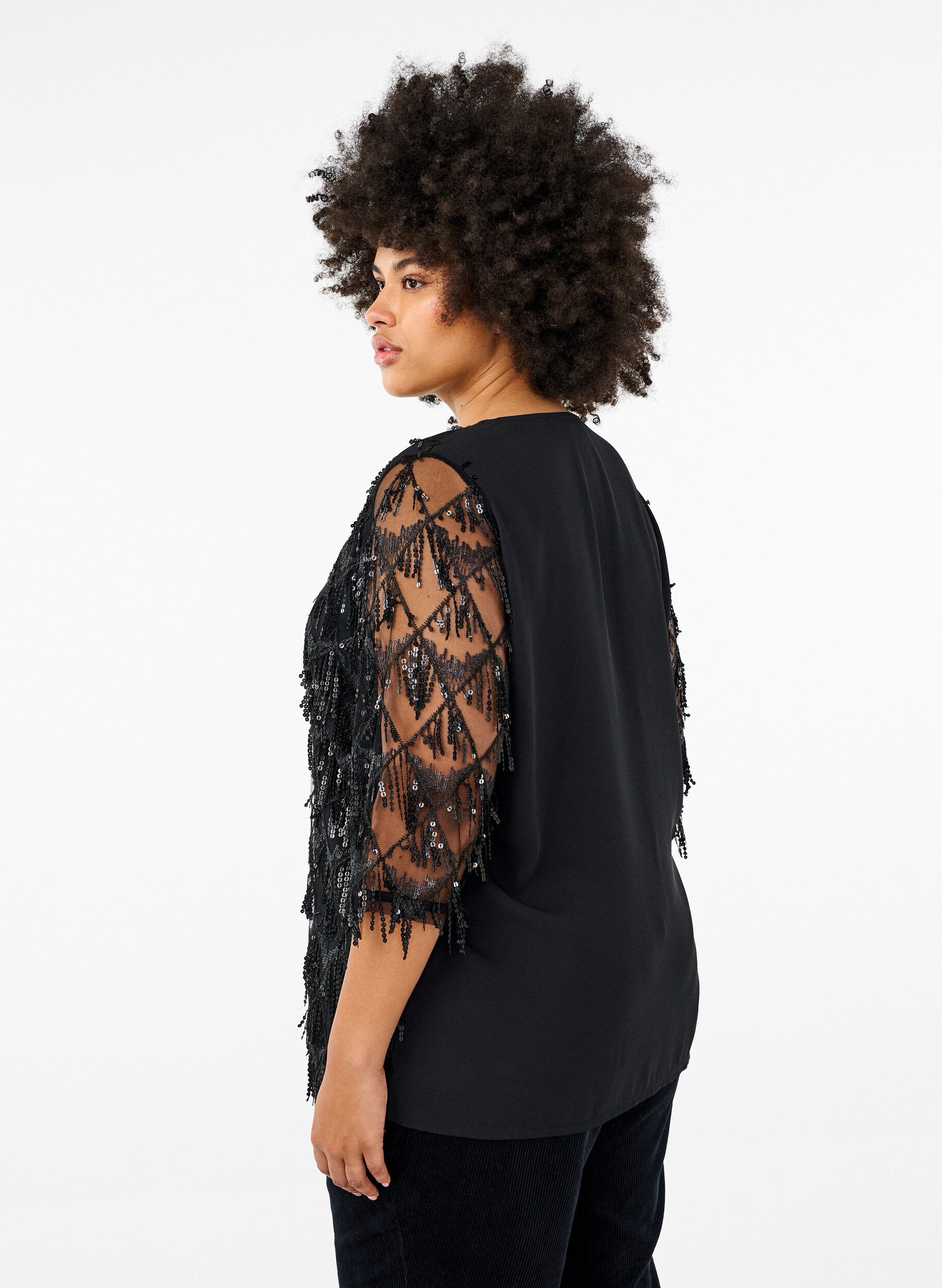 Zizzi Party blouse met pailletten franjes en 3/4 mouwen, Black, Model image number 1