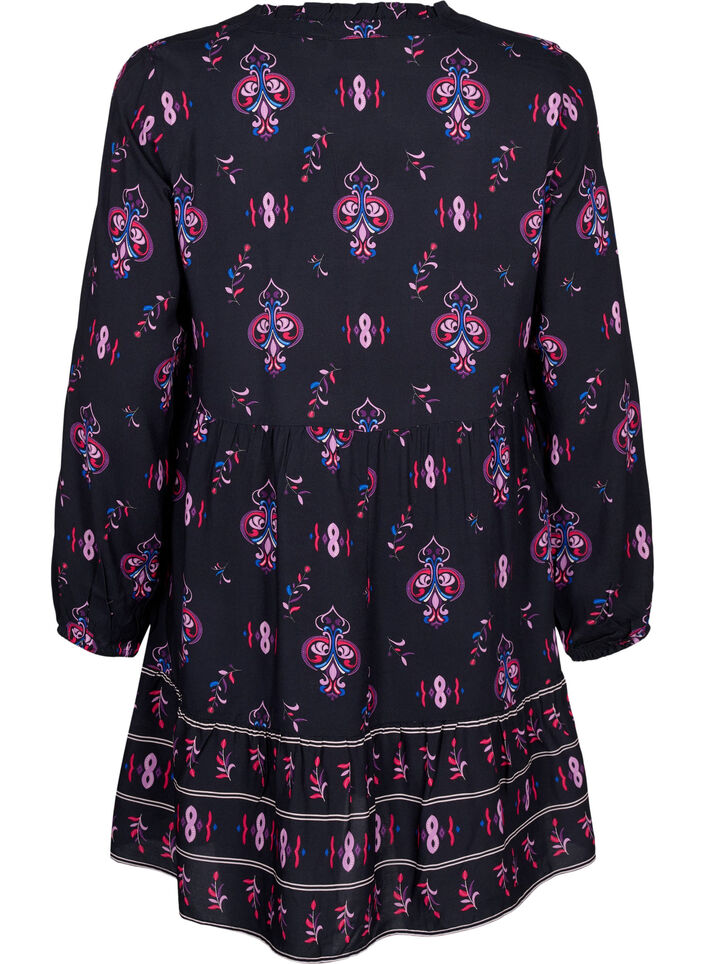 Viscose jurk met lange mouwen en print, Black Pink AOP, Packshot image number 1