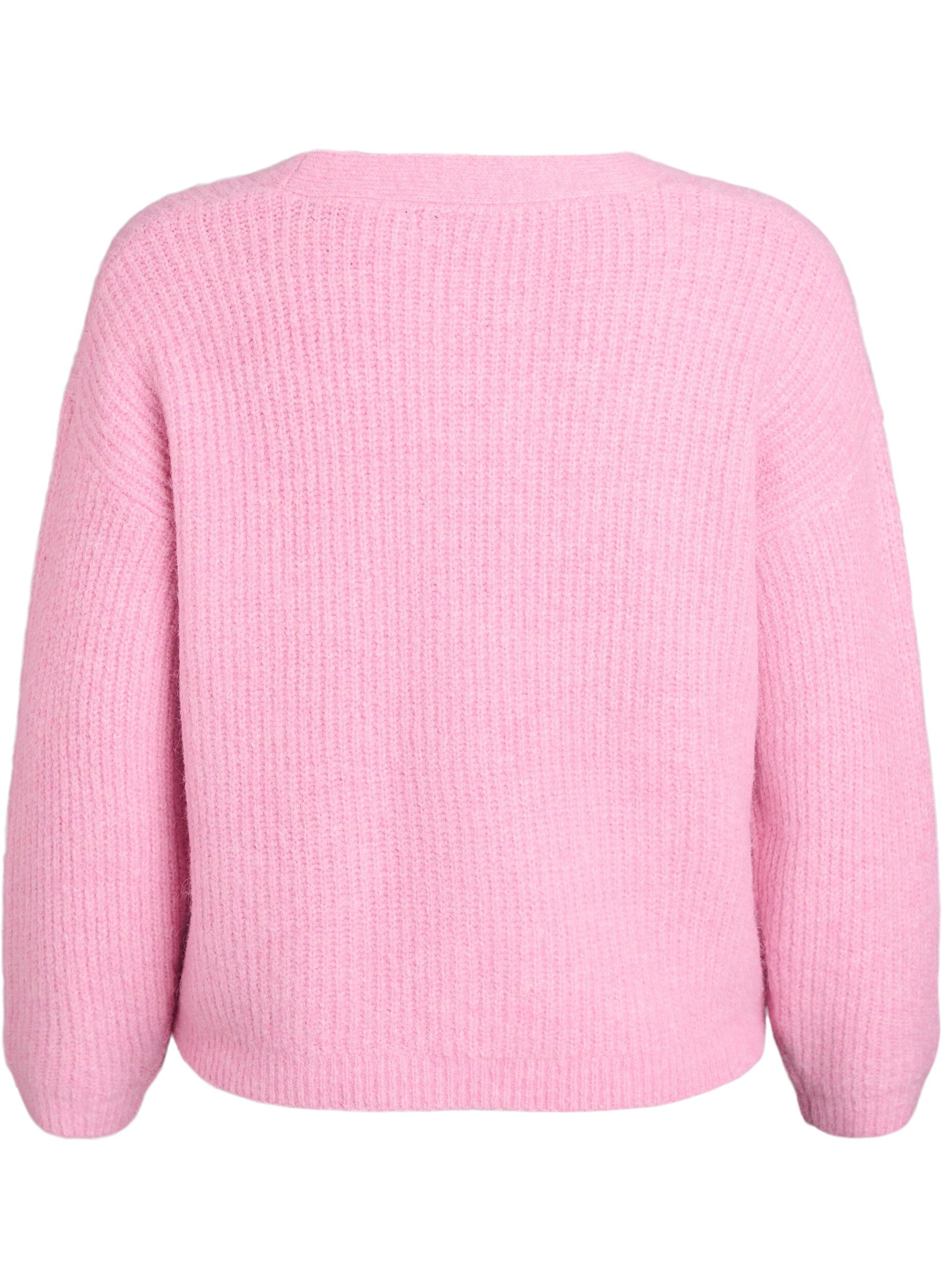 Zizzi V-hals cardigan van breisel, Roze, Packshot image number 1