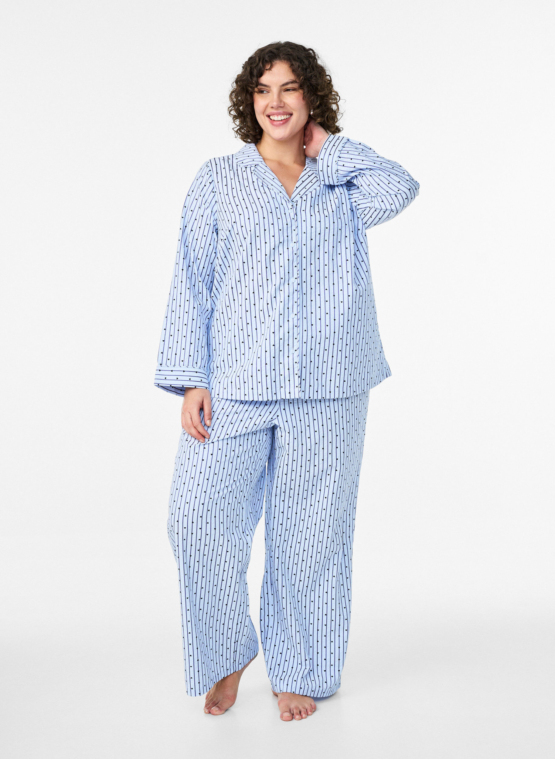 Zizzi Seersucker-pyjamahemd met lange mouwen, Blauw, Model image number 1