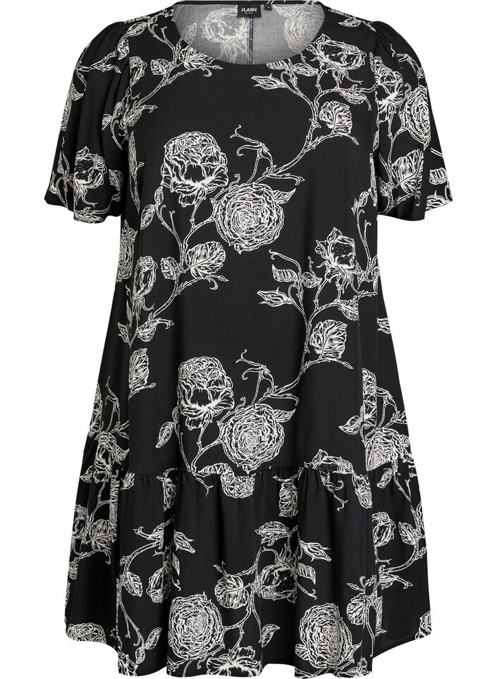 Viscose jurk met snijlijn, Zwart, Packshot image number 0