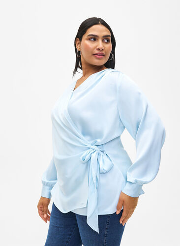 Feestelijke blouse van satijn met overslag, Delicate Blue, Model image number 0