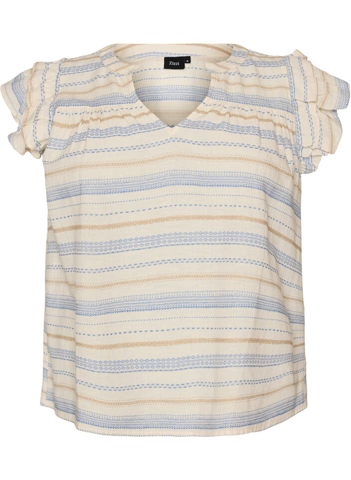 Mouwloze blouse met ruches en gestreept patroon, Vanille, Packshot image number 0