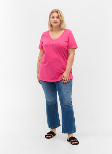 Katoenen t-shirt met korte mouwen en print, Magenta Beautiful, Model image number 2