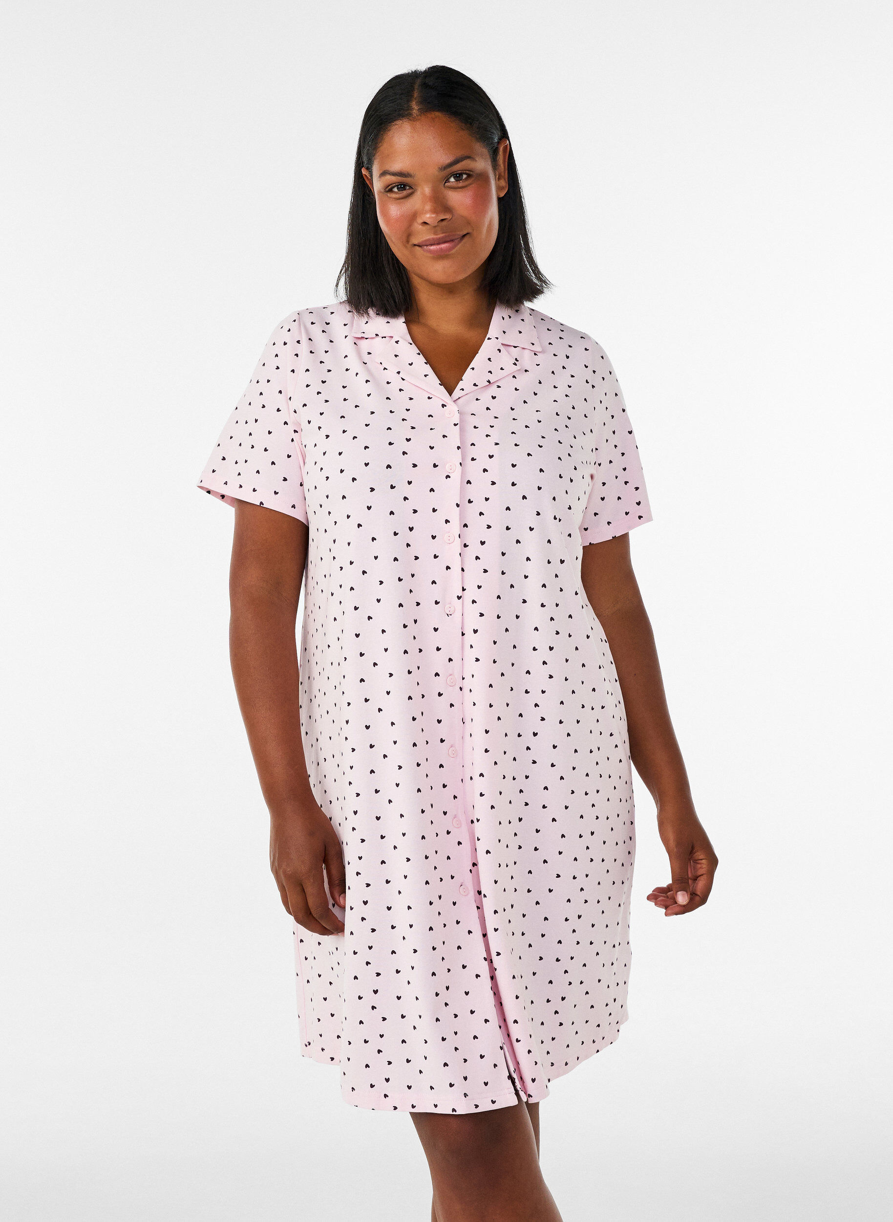 ZizziKatoenen nachtjapon met knoopsluiting, Roze, Model image number 0