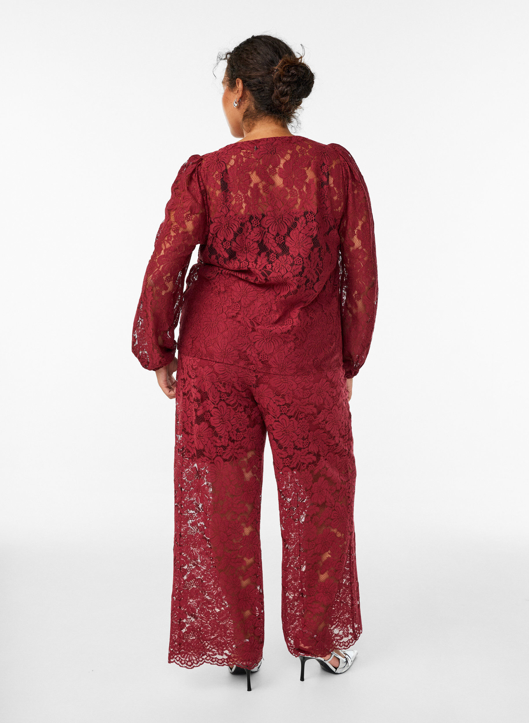Zizzi Kanten broek met hoge taille en zakken, Donker Bordeaux, Model image number 1