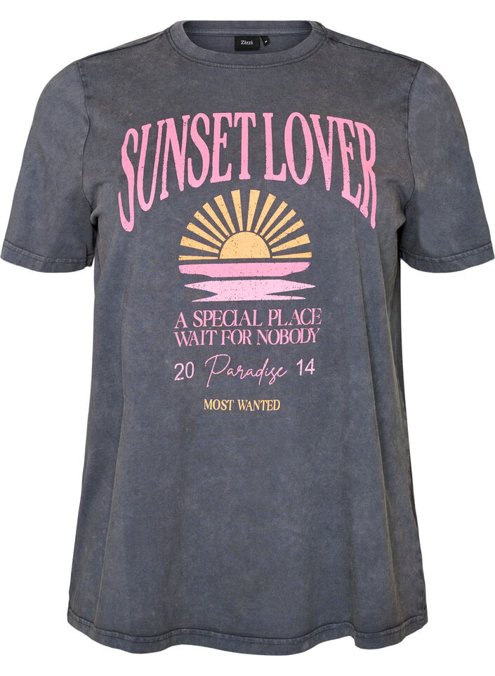 Katoenen T-shirt met print aan de voorkant en een gewassen look, Grijs, Packshot image number 0