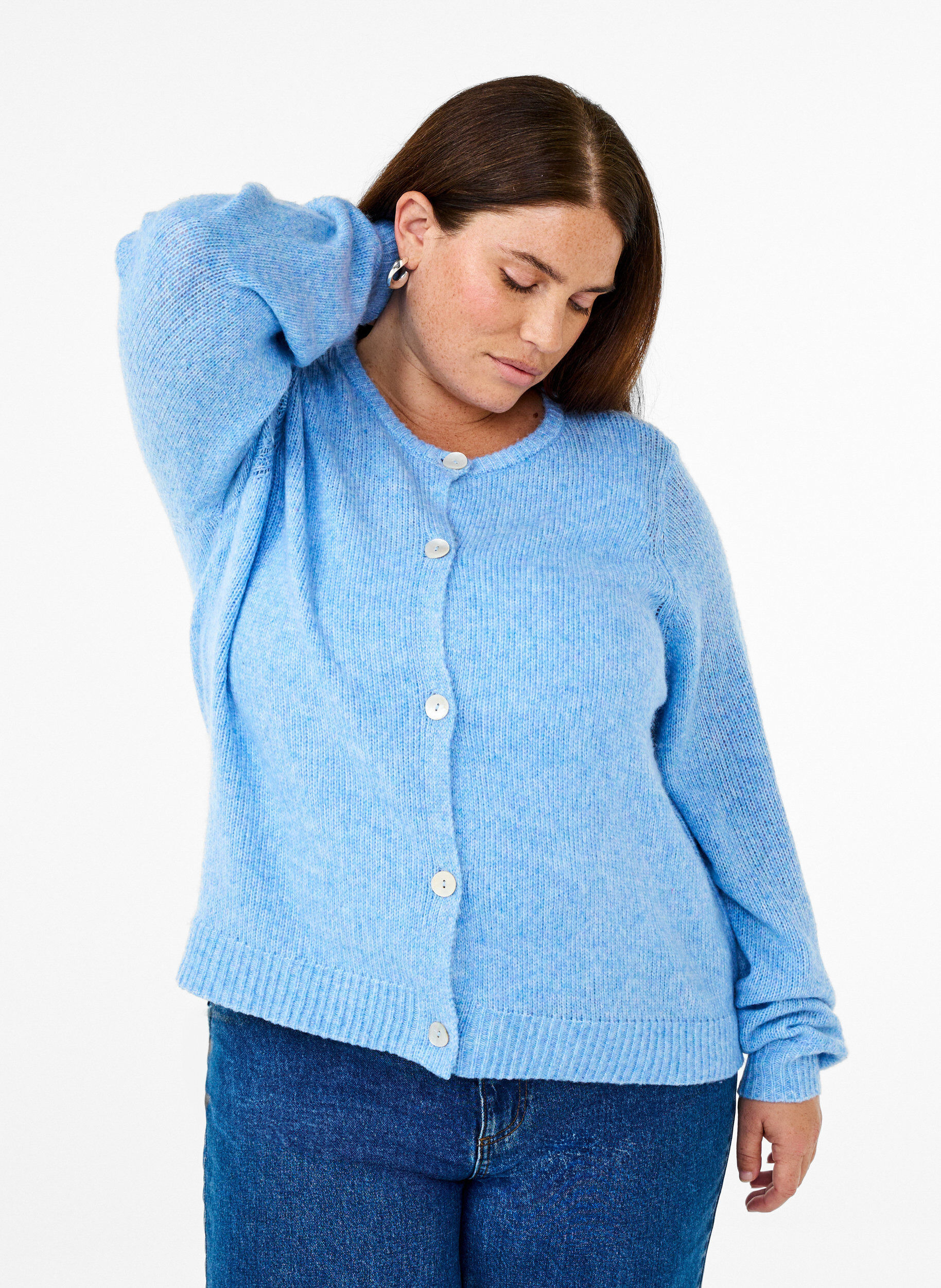 Zizzi Gebreide cardigan met wol en knoopsluiting, Della R. Blue Mel., Model image number 0