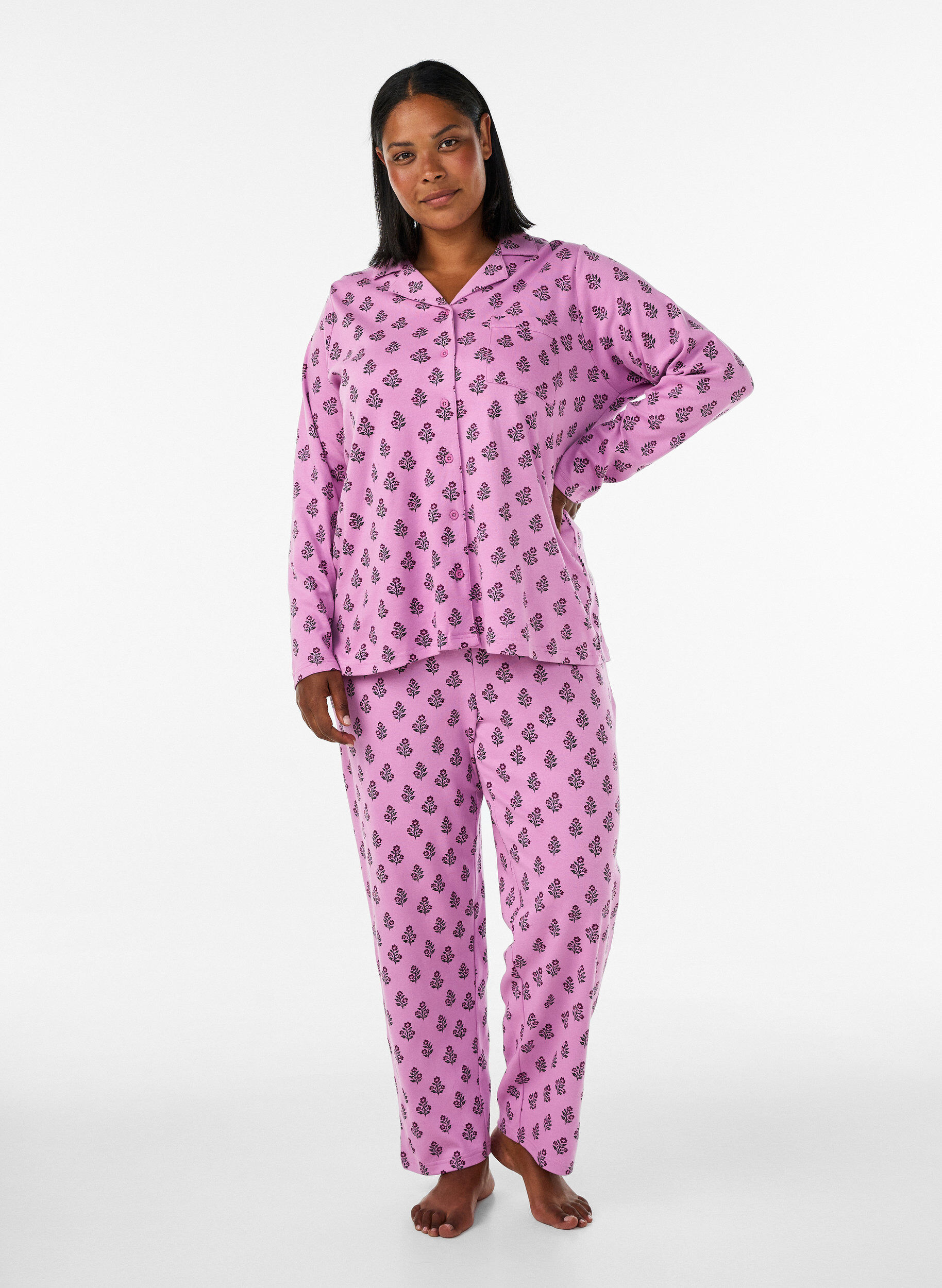 ZizziKatoenen pyjamashirt met borstzak, Roze, Model image number 1