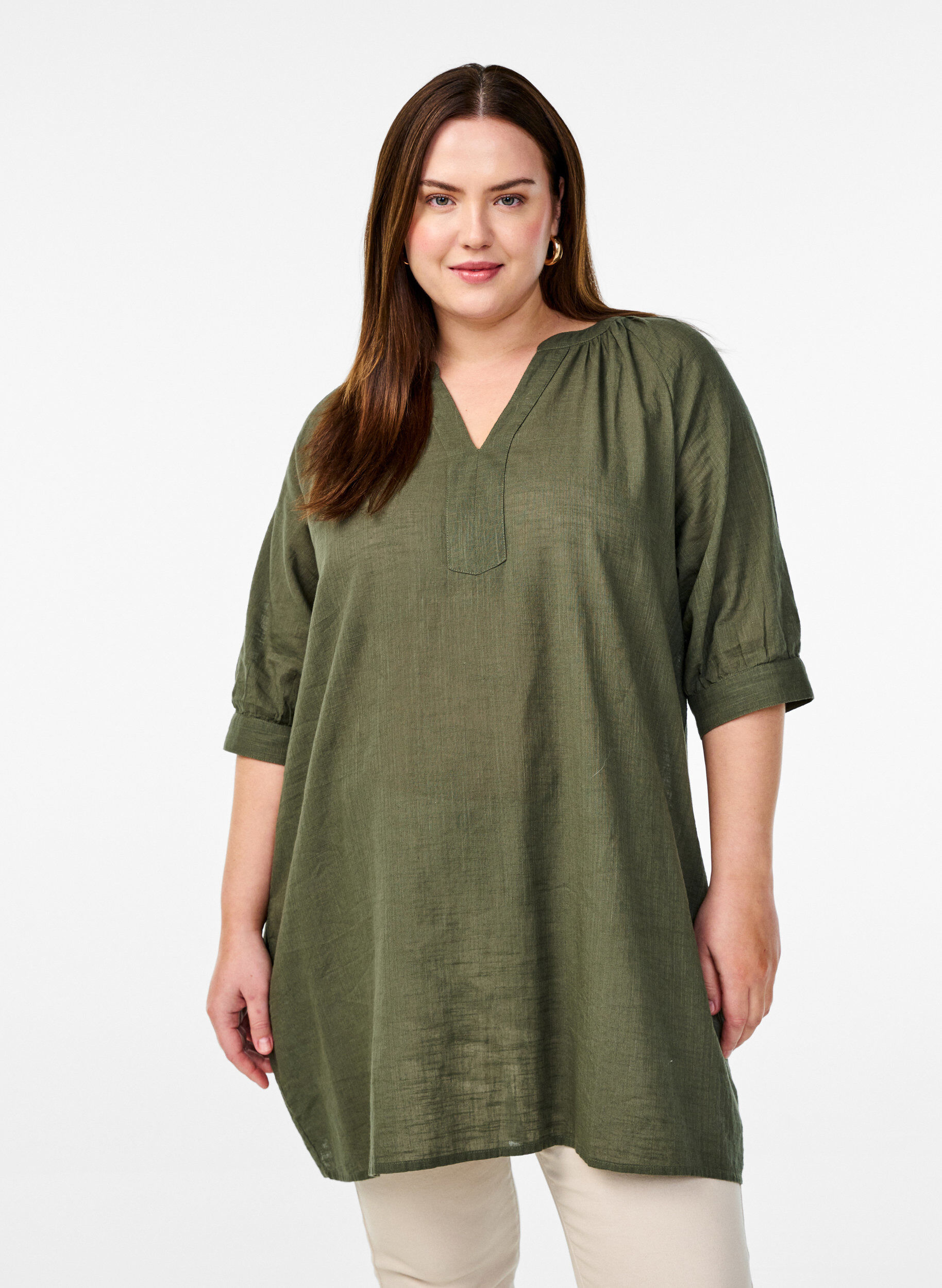 Zizzi Katoenen tuniek met V-hals, Groen, Model image number 0