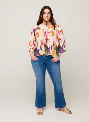 Plissé blouse met all-over print, Yellow comb AOP, Model image number 2