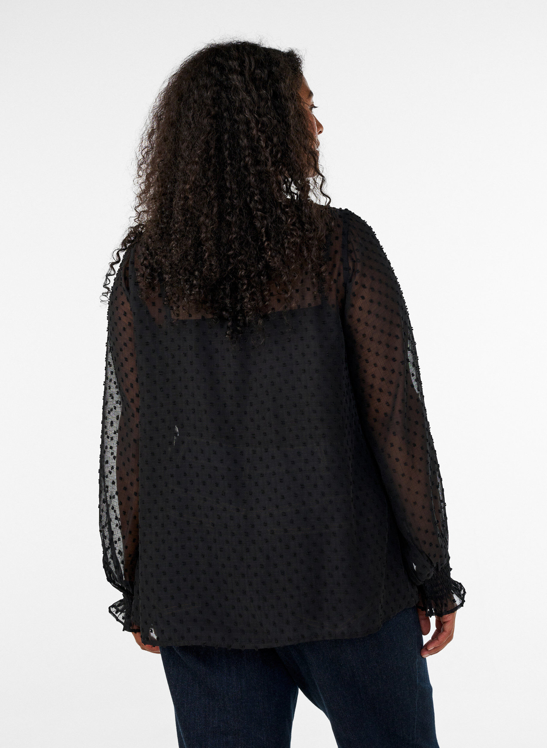 ZizziOverhemdblouse met kanten inzet en stippenpatroon, Zwart, Model image number 2